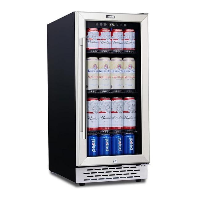 COLOZO 15 inch Beverage Refrigerator with Glass Door 180 Cans Mini Beverage Cooler Under Counter Frestanding Built in Center Garage Fridge with Lock for Drink Beer Soda Wine Water