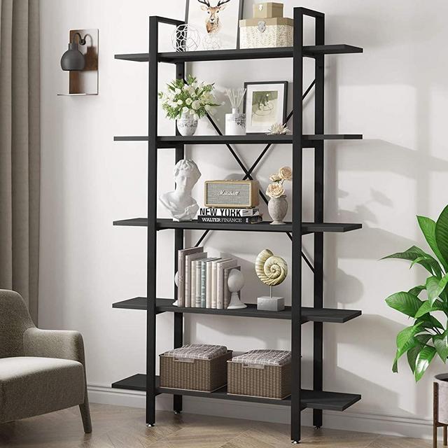 YOLEO Bookshelf 5 Tier, Open Etagere Bookcase for Storage and Display, Tall Ladder Shelves Unit, Industrial Book Shelves for Living Room Bedroom Home Office (Black)
