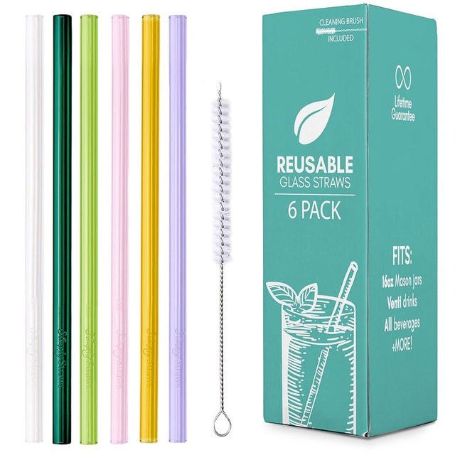Simply Straws 10 Inch Glass Straws Straight (6-Pack) – Reusable Glass Straws for 24 Oz Mason Jars & Tumblers, with Cleaning Brush – Durable, Dishwasher Safe, Hot & Cold Use, BPA-Free (Meadow)