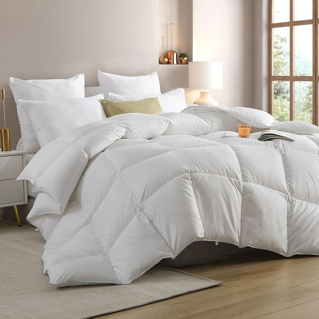 Cobnom® Hotel Luxury Feather Down Comforter California King, Medium Warm All Season Duvet Insert, Silky Soft Egyptian Cotton Blend Cover, Ethically Sourced Feather Down Filled, 104x96 Inch, White
