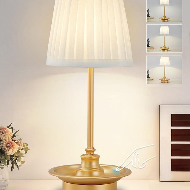 GyroVu Cordless Table Lamp Rechargeable, Battery Operated LED Table Lamps, Portable Touch Wireless Lamp, 3-Level Brightness Small Bedside Table Lamp Bedroom Ambient Lamp for Restaurant (Fabric Shade)