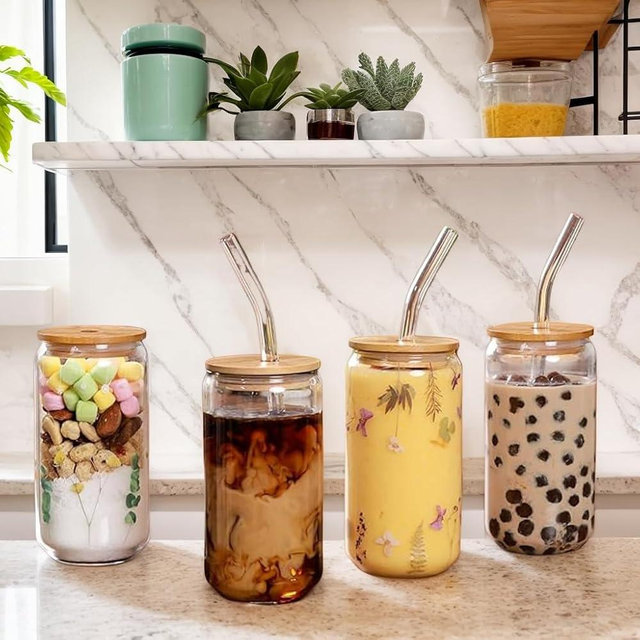 4PCS Glass Cups with Bamboo Lids and Straws, 16OZ Ice Coffee Cup, Drinking Cup set with Wooden Lids, Home Essential Glass Tumblers for Beer, Cocktail, Tea and Latte Clear