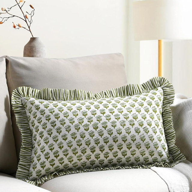 CPC Emerald Green 100% Cotton Block Print Ruffle Sham Cover 12x20 inch, Handmade Boho Floral Pillowcase, Farmhouse Cottagecore Bedding, Soft Decorative Cushion Cover for Bedroom Décor