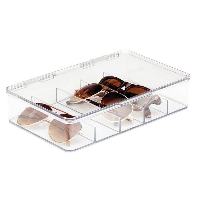 mDesign Plastic Stackable Eyeglass Case Storage Organizer with Hinged Lid for Unisex Sunglasses, Reading Glasses, Fashion Eye Wear, Protective Glasses, 5 Sections, Ligne Collection - Clear