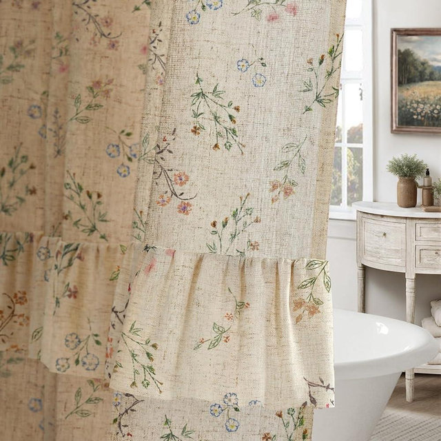 XOGUIBO Floral Vintage Linen Shower Curtain, French Country Ruffle Shower Curtains for Bathroom, 72Wx72H