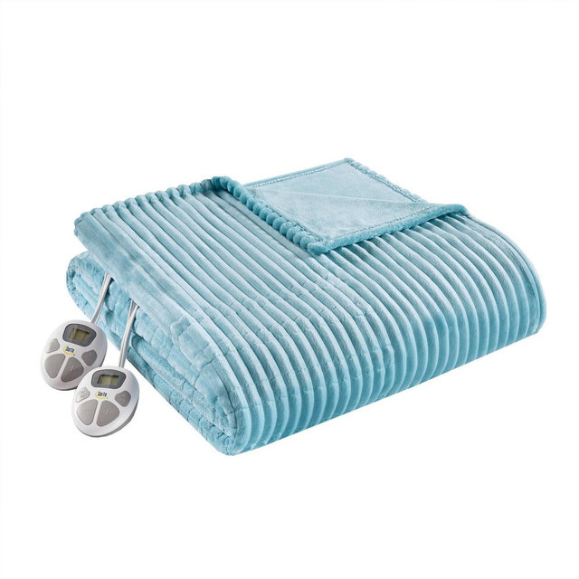 Serta King Corded Plush Electric Blanket Blue: 5-Year Warranty, Machine Washable, King Size
