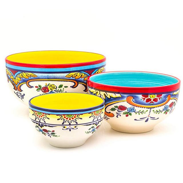 Euro Ceramica Zanzibar Collection Vibrant Ceramic Mixing Bowls, 3 Piece Set, Spanish Floral Design, Assorted Sizes, Multicolor