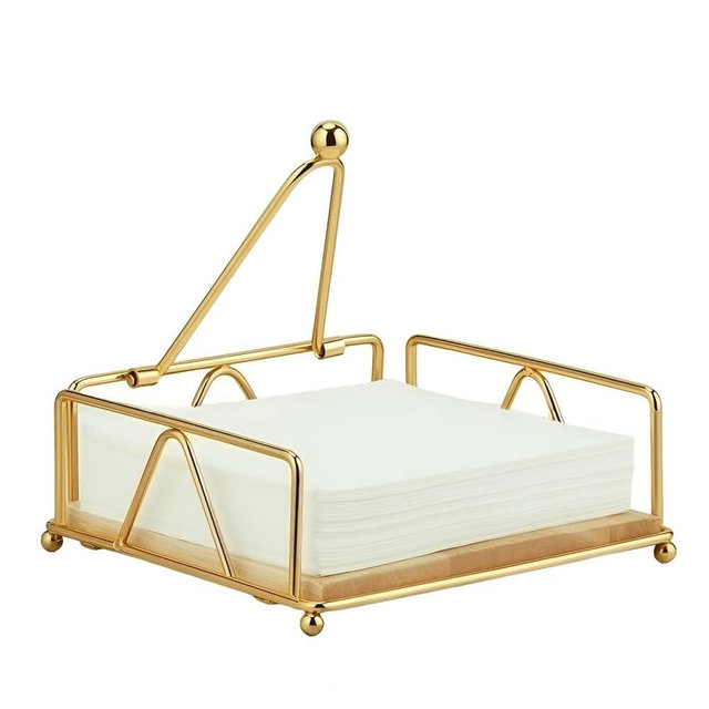 7UYUU Gold Napkin Holder for Table, Metal Flat Napkin Holder Wood Base and Weight Arm, Elegant Paper Napkin Dispenser for Kitchen Counter