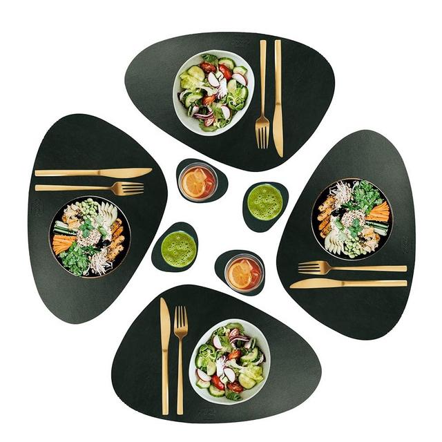 CaSail Faux Leather Placemats and Coasters - Set of 4 Round Modern Dark Green Table Mats for Dining - Heat Resistant, Waterproof & Non Slip Place mat for Indoor & Outdoor - Wipeable for Easy Care