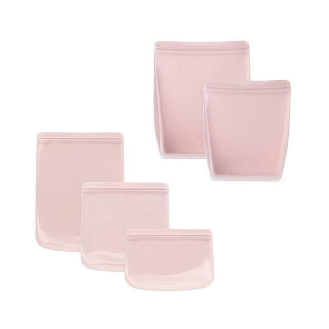 W&P Porter Silicone Reusable Storage Bags, Variety 5 Pack (10oz, 34oz, 46oz, 36oz, 50oz), Blush, Food Storage Container, Microwave and Dishwasher Safe, Easy Cleaning