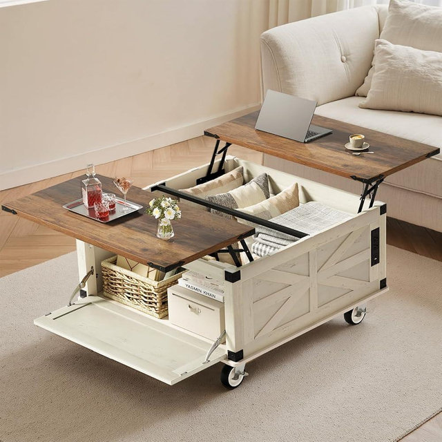 Suuiwau Farmhouse Coffee Table with Storage 36" LED Bilateral Lift Top Coffee Tables with Wireless Light Strips Square Center Table with Large Hidden Compartment for Home Living Room,White