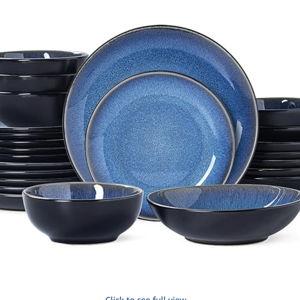 Plates and Bowls Sets for 6 - CJDC-QUELO 24-Piece Stoneware Dinnerware Sets, Ceramic Dishware Set for Indoor Kitchen Use and Formal Dining, Chip and Scratch Resistant Microwave Dishwasher Safe, Blue