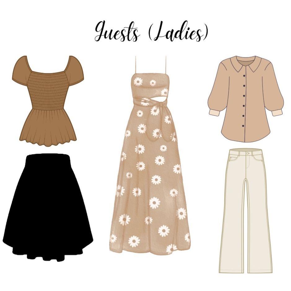 "To help us create a warm, beautiful atmosphere, please come dressed in our recommended colours and styles. We’re excited to see you in your earthy best!"