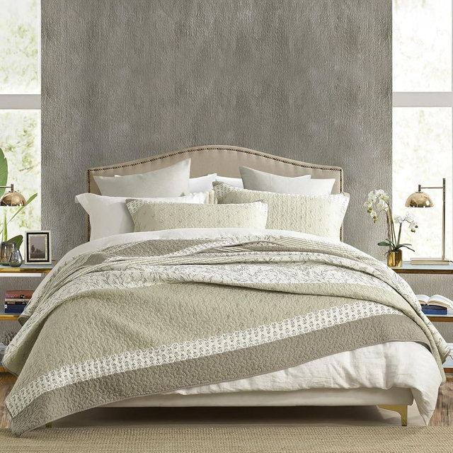 DDUOXIN 100% Cotton King Quilt - Modern Stripe King Size Quilt with 2 Pillow Shams, Bedspread Reversible Lightweight Comforter Bedding Set for All Seasons, Laurel Oak/Pelican/Star White