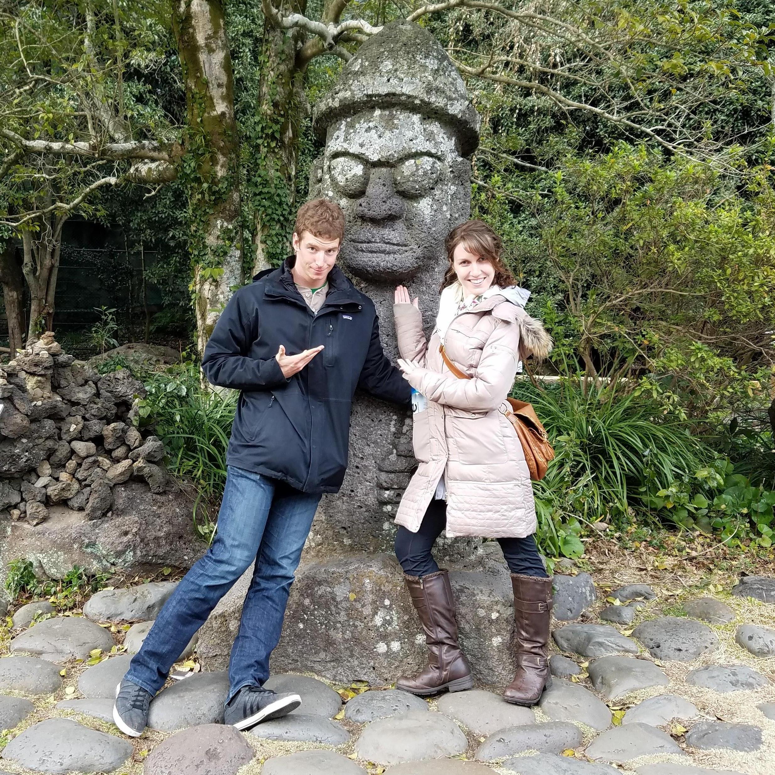 Hanging with a Dol Hareubang (Stone Grandfather) when Shannon visited Stuart in Jeju, South Korea. Say "kimchi" !