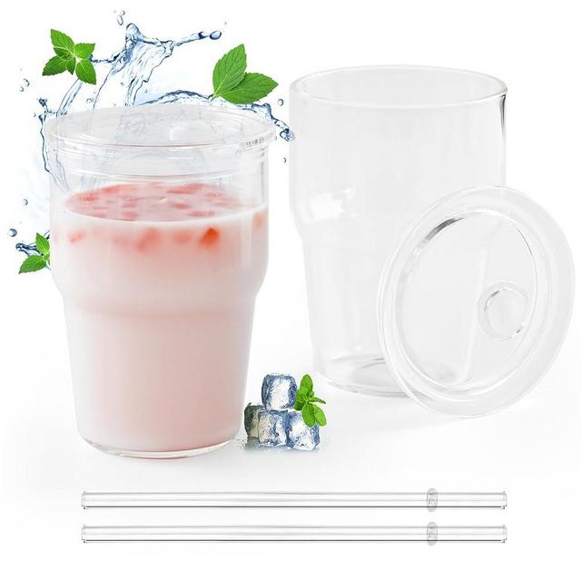 FECBK 12 oz Glass Cups with Lids and Straws 2 Pack Wide Mouth Iced Coffee Cups Reusable Drinking Glasses for Smoothie, Cocktail Beer, Soda, Fruit Juice, BPA Free with Acrylic Lids