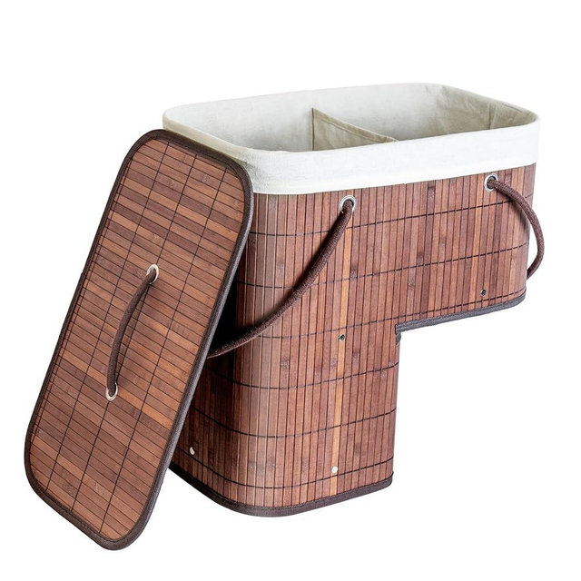 Stair Basket with Lid & Handle – Staircase Storage Basket for Wooden & Carpeted Stairs, Foldable Step Baskets for Stairs, Bamboo Storage Bin Organizer for Toys, shoes & Books (Brown)