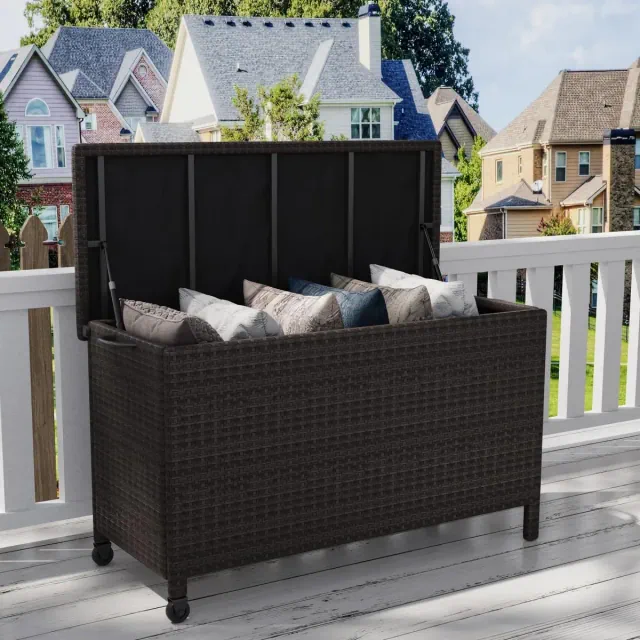 120 Gallon Outdoor Storage Box, Waterproof PE Rattan Deck Box With Wheels, Large Storage Bench for Patio Cushions, Tools, Pool Supplies