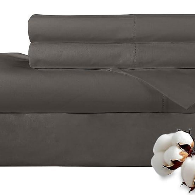 ROYALE LINENS 300 Thread Count 100% Long Staple Combed Cotton Sheet Set - 4 Piece King Bed Sheets - 1 Fitted, 1 Flat & 2 Pillow Cases - Soft Cool & Crisp Sheet Set (King, Grey)
