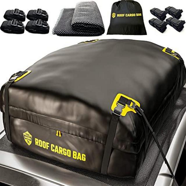 Car Top Carrier Roof Bag + Protective Mat - 100% Waterproof & Coated Zippers 15 Cubic ft - for Cars with or Without Racks
