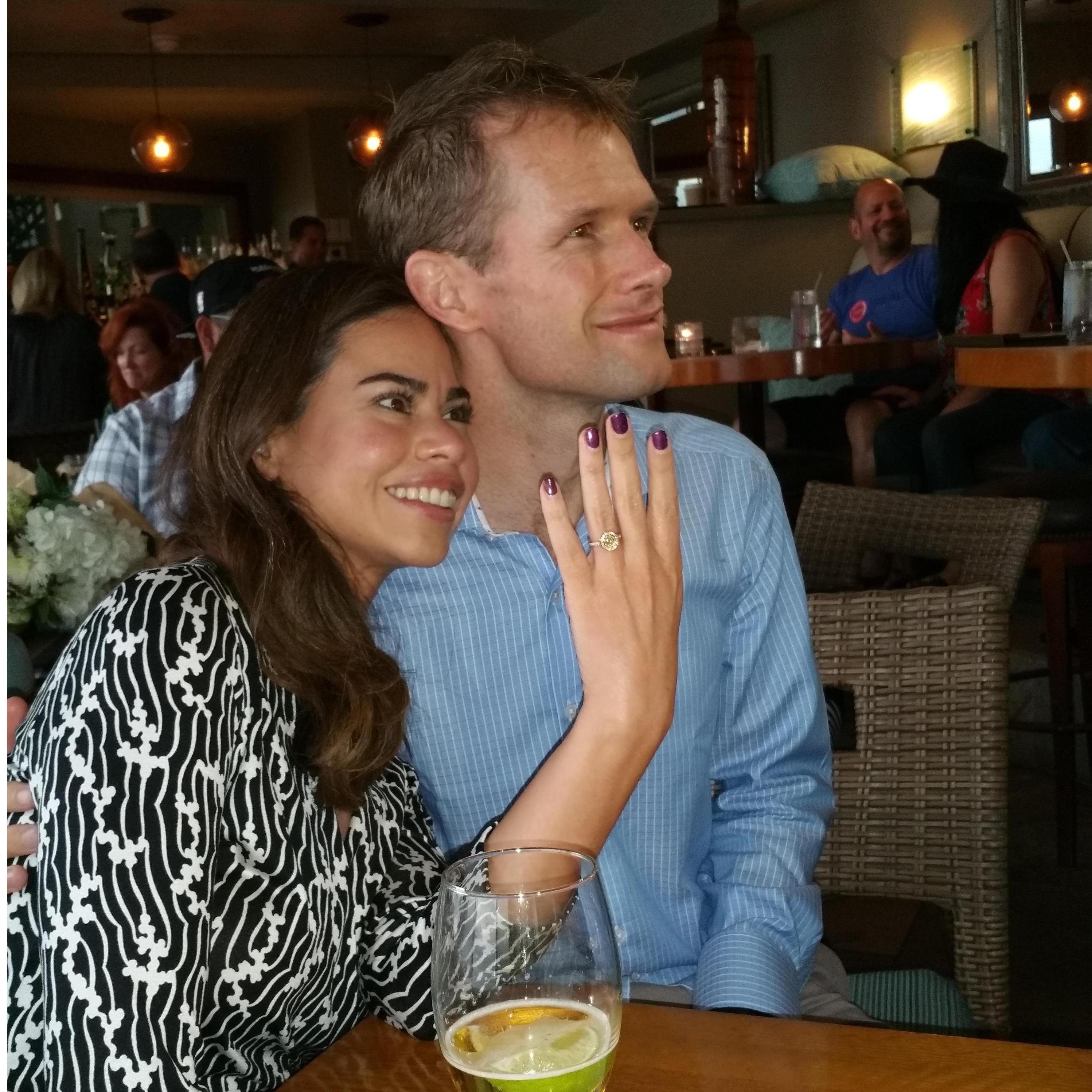 Celebrating immediately after the proposal at Splashes Restaurant and Bar in Laguna Beach