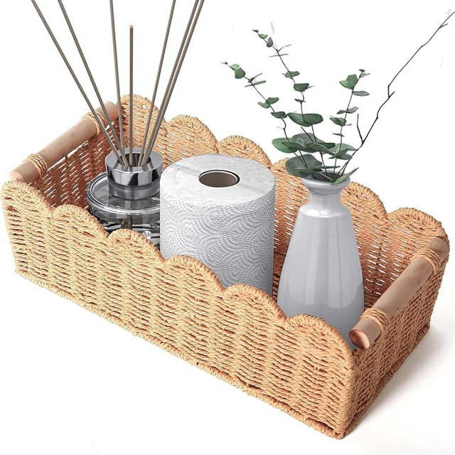 Scalloped Edge Organizer Basket for Toilet Tank Top with Wooden Handle, Wicker Storage Over Above Behind Flush Tank, Hand Woven Paper Rope Back of Cistern Tray (Paper Rope, 14.2 * 6.5 * 5")