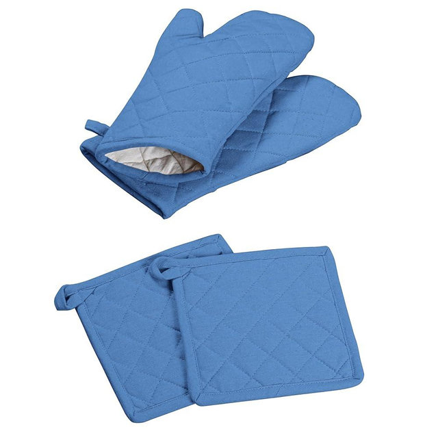 Softopia Cotton Oven Mitt + Pot Holder 100% Cotton Heat Resistant Kitchen Oven Gloves (7"x13") & Hot Pads (8"x8") for Gifts, Chef, Women & Men - Blue