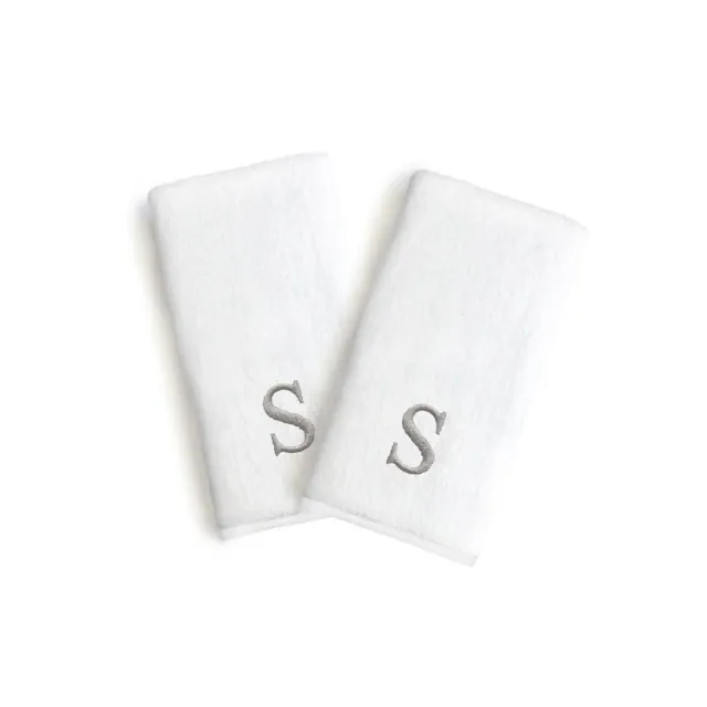 Linum Home Textles Monogrammed Luxury 100% Turkish Cotton Novelty White Hand Towels in Grey Bookman Font