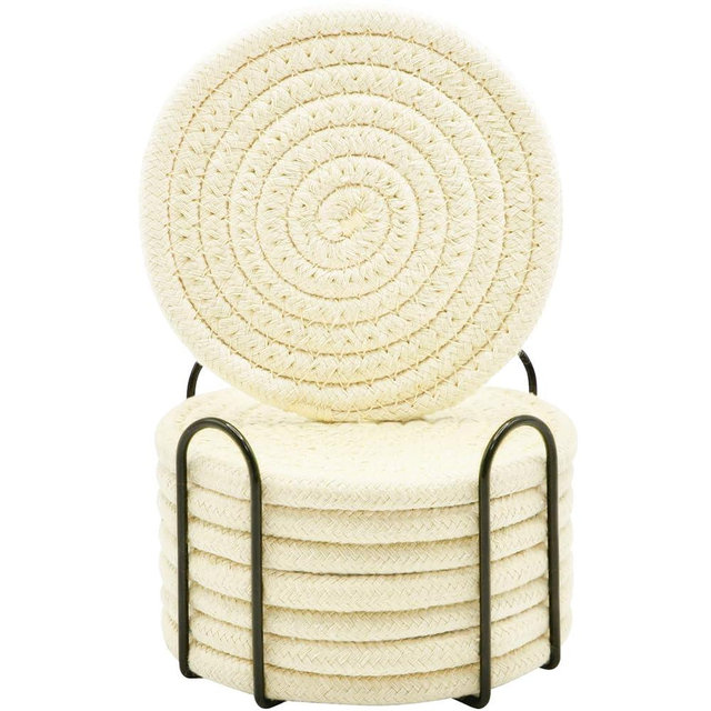ABenkle 8 Pcs Drink Coasters with Holder, Cotton Woven Absorbent Coasters for Drinks, Minimalist Home Decor Coaster Set for Wooden Tabletop Protection Table, 4.3 inches