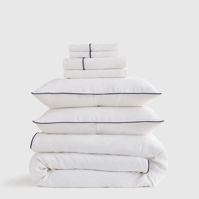 European Linen Piped Deluxe Bedding Bundle - White/Navy, Queen