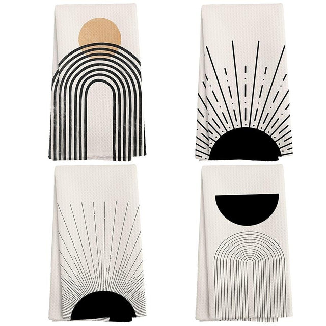 NOQL Boho Abstract Kitchen Towels and Dishcloths Set of 4, Boho Hand Towels, Mid Century Modern Abstract Minimalist Sunshine Drying Cloth Hand Dish Tea Towel for Bathroom Kitchen, 16x24 Inches