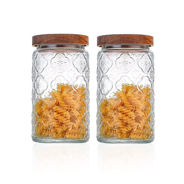 Snminetal Vintage Glass Kitchen Storage Counter Jar, Kitchen and Pantry Glass Storage, Food Storage Container With Airtight Wooden Lid for Cookies, Candy, Coffee Tea Beans, Flour, Grains, (31OZ)