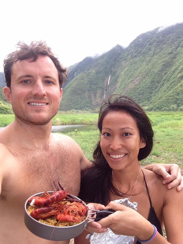 Our first backpacking trip—we caught Tahitian prawns for dinner