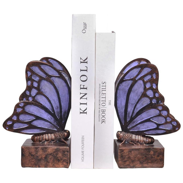 Kakizzy Vintage Purple Butterfly Bookends,Resin Book Ends for Shelves,Heavy Duty Decorative Bookends,Creative Book Stopper Holder Decor for Desk Home Office,Shelf Decoration,Gifts for Mother's Day