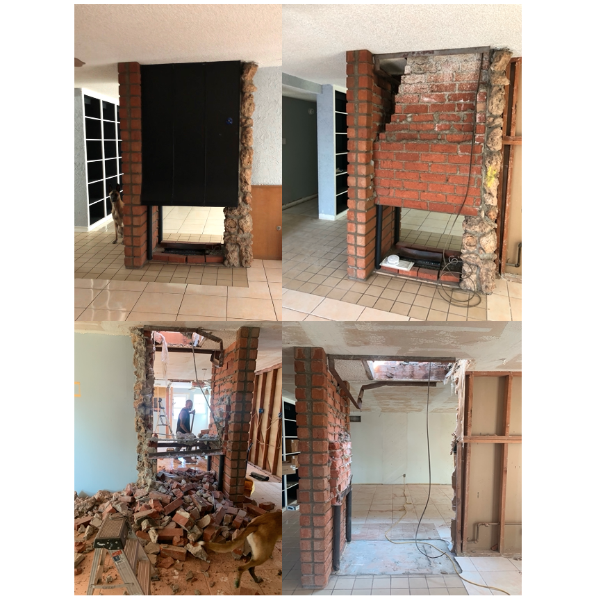 The evolution of the second fireplace that just had to go. It sat between the kitchen and living room and was a through and through opening that was mainly just used as a doggie door by the dogs!