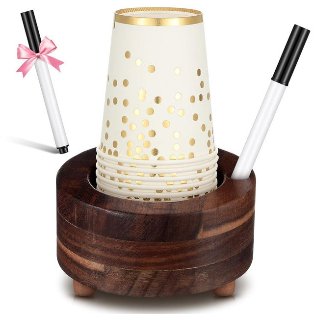 Newtay Wooden Cup Holder with Marker Slot Brown Cup Holder Dispenser Disposable Mug Dispenser for Party Decoration Bathroom Kitchen Showers Picnic Housewarming Couples Gift (Rustic Style,5 Inches)