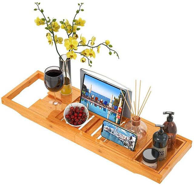 Bath Tray for Tub Bamboo Bath Caddy Tray with Extending Sides, Expandable Bathtub Tray with Wine Glass Holder, Phone Slot, Book and iPad Rack for Relaxed and Luxury Shower SPA by FURNINXS