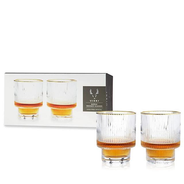 Viski Meridian Tumbler Gold Rimmed Cocktail Glass Set of 2, Lead-Free Crystal Barware, 12 oz Capacity, Clear