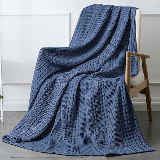 PHF 100% Cotton Waffle Weave Throw Blanket - Washed Soft Lightweight Blanket for All Season - Breathable and Skin-Friendly Blanket for Couch Bed Sofa 50"x60"- Navy Blue
