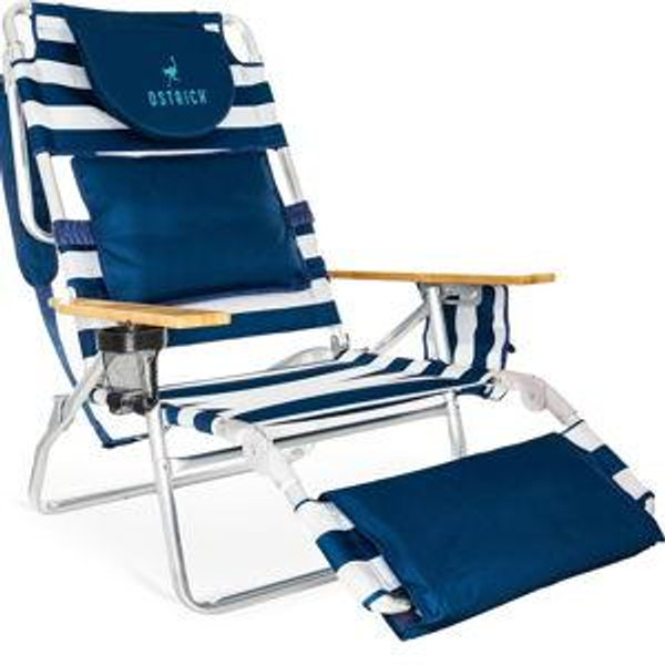 Blue and white Ostrich Deluxe 3N1 Padded Beach Chair w/Face Cushion & Arm Holes, Light Blue - Lightweight Folding Recliner w/Adjustable Backrest & Footrest