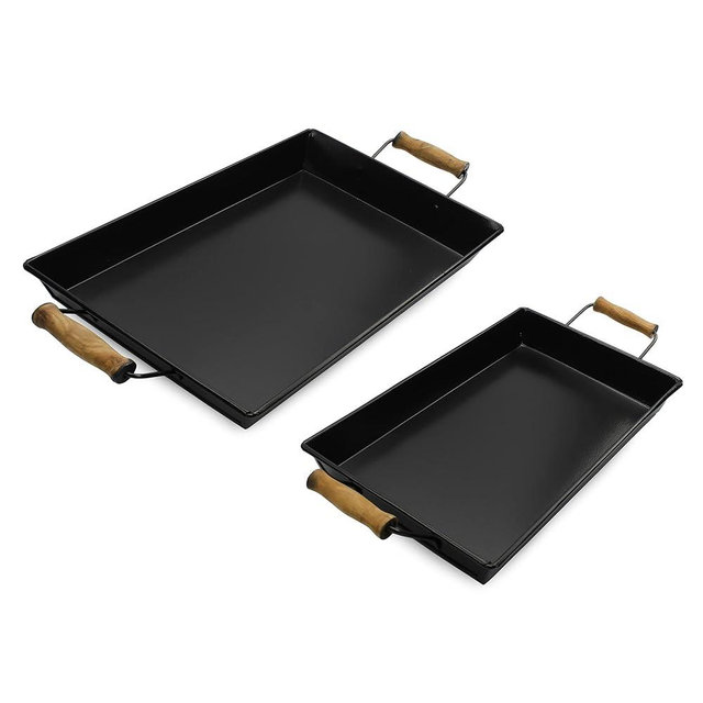 AuldHome Enamelware Rustic Trays (Set of 2, Small & Medium, Black); Farmhouse Decor Rectangular Trays with Handles