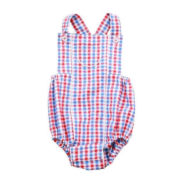 Busy Bees Alden Cross Back Bubble, Red White Blue Seersucker Check -9m