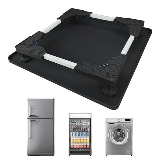 KUPAO Mini Fridge Stand with Silicone Drip Tray, Universal Adjustable Base with 4 Strong Feet, 23.6" x 23.6" Mini Fridge Mat, Suitable for Small Refrigerators, Portable Compact Washer or Dryer, Black