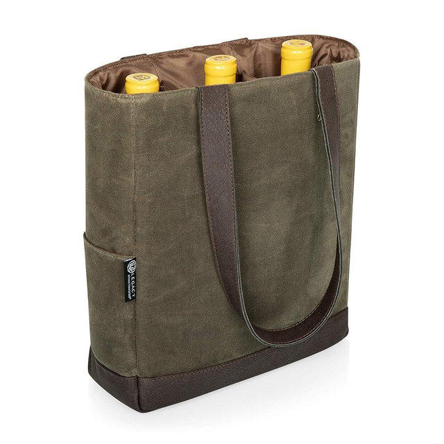 Legacy - a Picnic Time Brand, Bottle Insulated Wine Bag, Distressed Waxed Canvas Wine Tote Bag, Wine Gift Bag