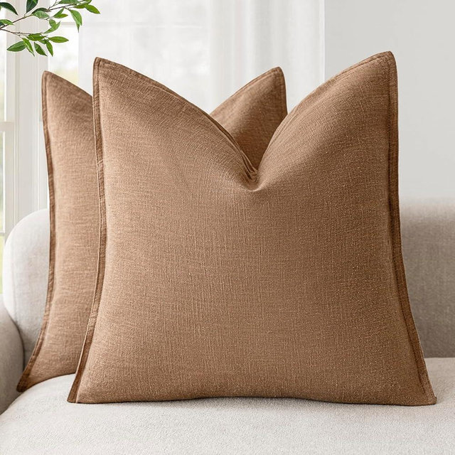 Foindtower Pack of 2, Decorative Linen Soild Throw Pillow Covers Soft Accent Cushion Case Boho Farmhouse Pillowcase for Chair Couch Sofa Bedroom Living Room Home Decor 18 x 18 Inch Light Khaki Brown