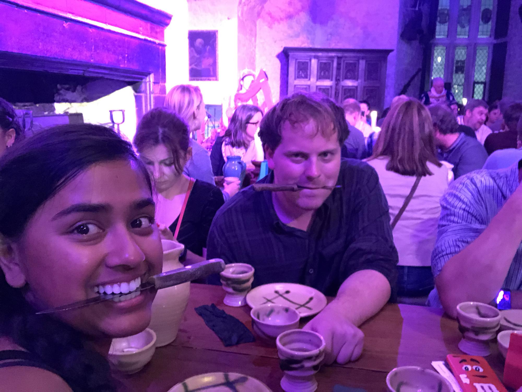 Holding our only utensils for our medieval feast at the Bunratty Castle near Shannon, Ireland