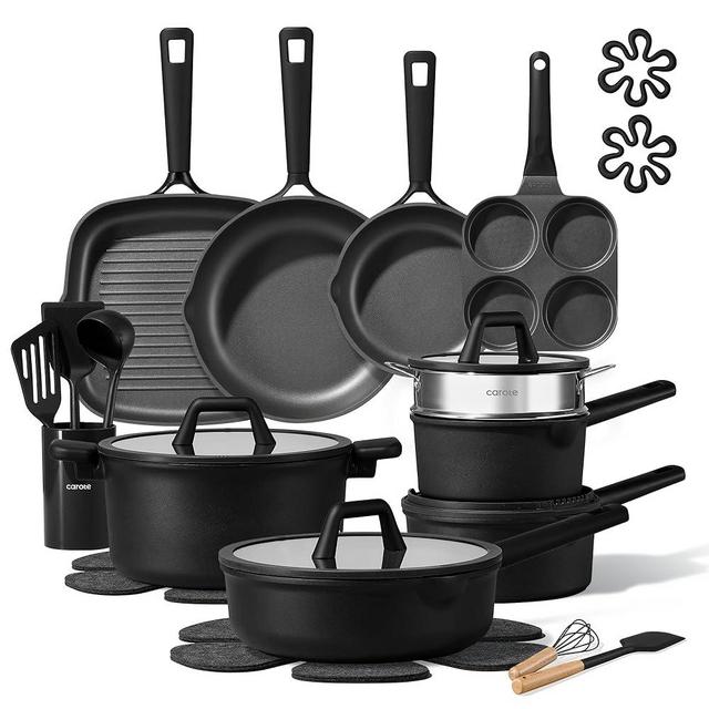 CAROTE 28PCS Pots and Pans Set, Nonstick Cookware Set Kitchen Non Stick Induction Titanium Cookware Non-toxic Granite Cooking set, PFOA Free, Black