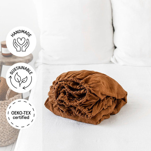 Linen Fitted Sheet – Cinnamon Soft Linen Bedding – Queen King Deep Pocket Bed Sheet – Stonewashed Thermoregulating OEKO European Linen