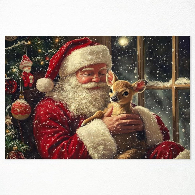 Leetideful Vintage Santa Claus and Reindeer Canvas Wall Art, Christmas Holiday Antique Santa Claus Poster Oil Painting, Winter Wonderland Wall Decor, Rustic XMAS Farmhouse Art 24x36in Unframed