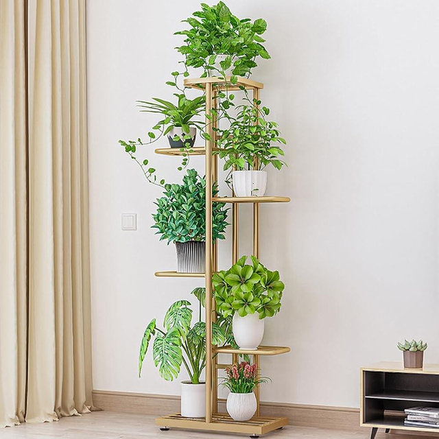 BouPower Metal Plant Stand, Indoor & Outdoor 6 Tier 7 Potted Plant Shelf, Corner Plant Stand, Tiered Plant Stands for Living Room, Office, Garden, Patio, Balcony, Gold